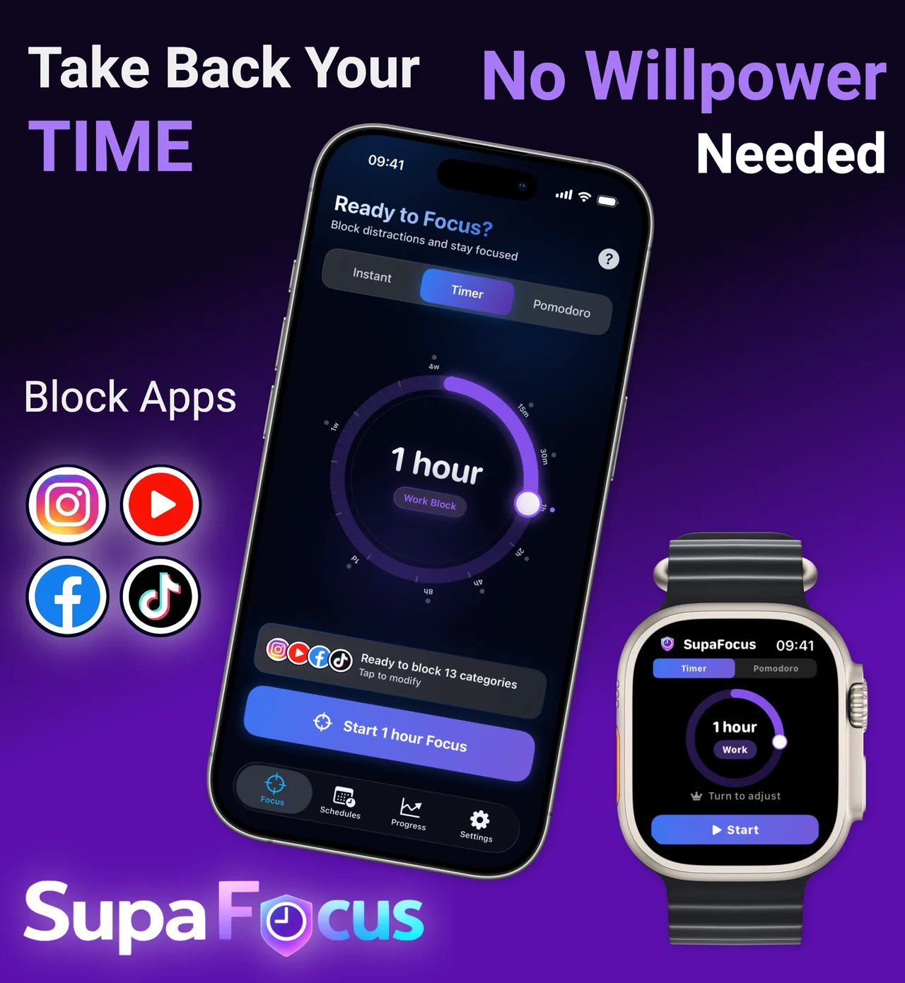 SupaFocus sperrt Social-Media-Apps auf dem iPhone mit einem 1-Stunden-Fokus-Timer, und auf der Apple Watch — ganz ohne Willenskraft