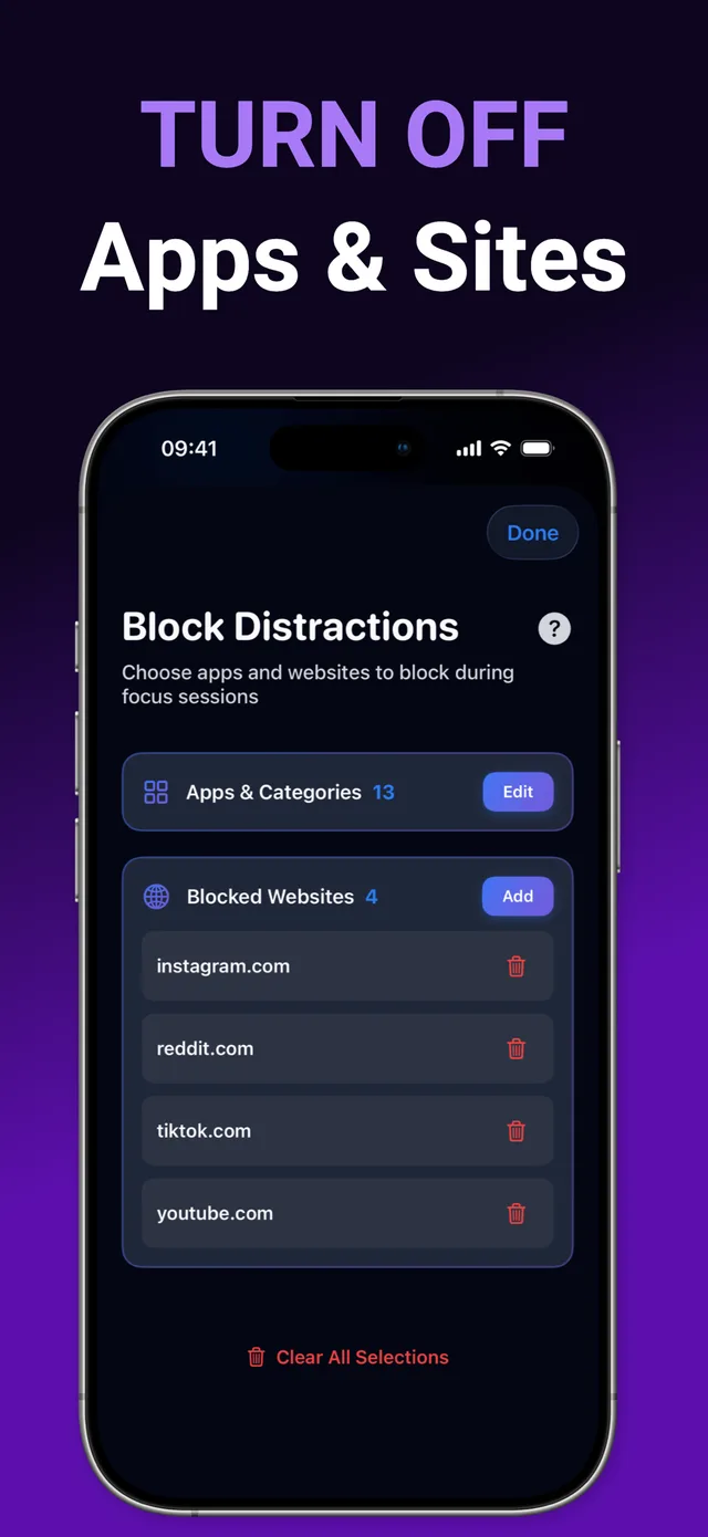 Liste gesperrter Websites in SupaFocus: instagram.com, reddit.com, tiktok.com, youtube.com
