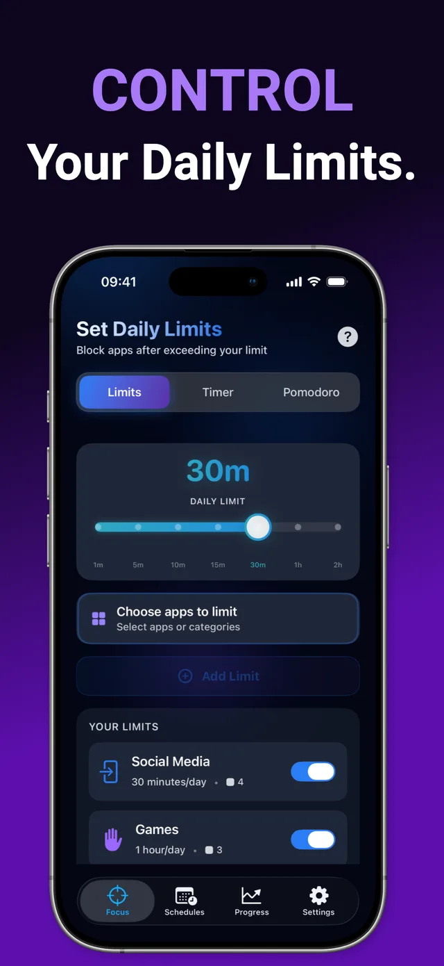 Tägliche App-Zeitlimits in SupaFocus: 30 Minuten Social Media pro Tag